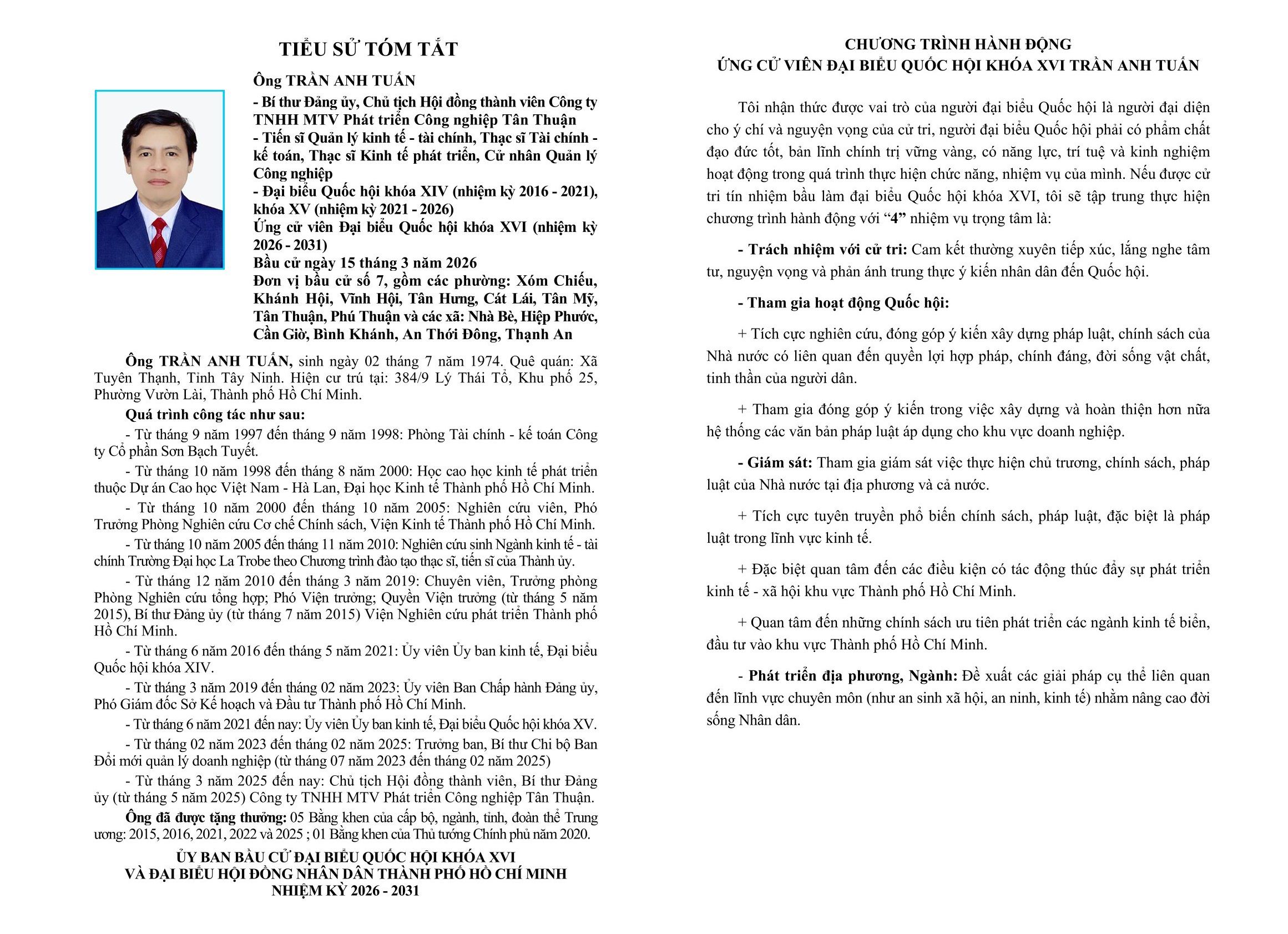 TÓM TẮT TIỂU SỬ ÔNG TRẦN ANH TUẤN ỨNG CỬ ĐẠI BIỂU QUỐC HỘI KHÓA XVI